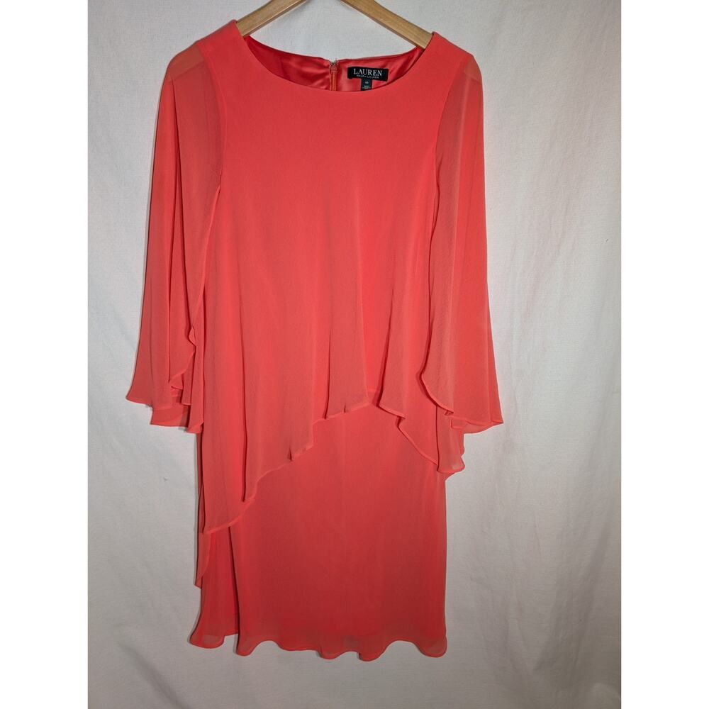 Lauren Ralph Lauren Womens Georgette Dress 10 Knee Length Coral Flutter Sleeve‎